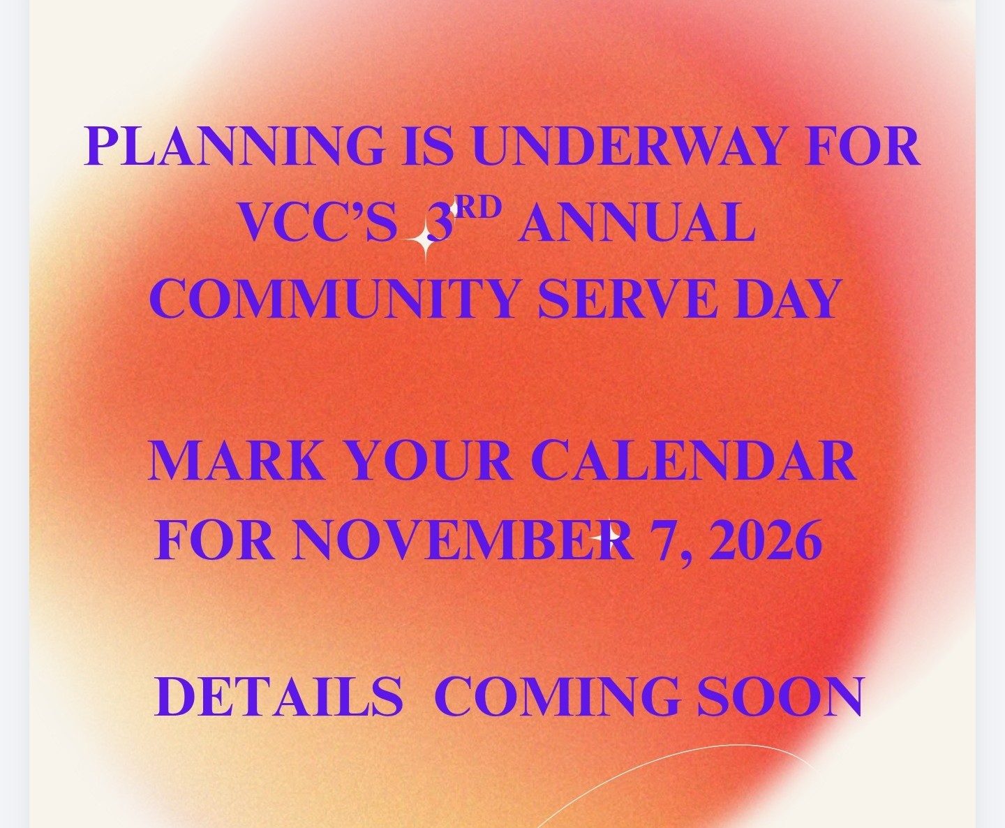 Flyer announcing planning for VCC's 3rd annual Community Serve Day on November 7, 2026
