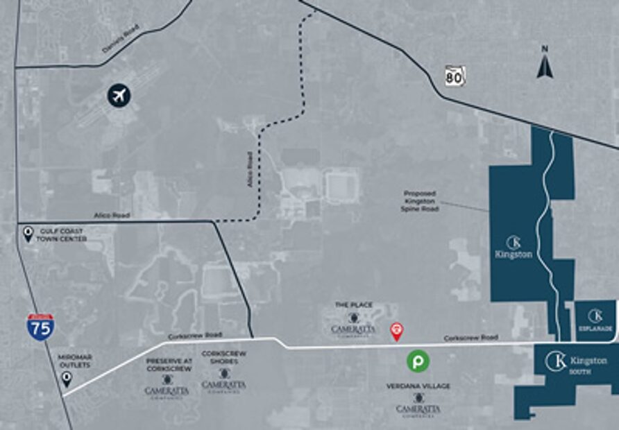 Map of the East Corkscrew Road area showing planned developments in Greater Estero
