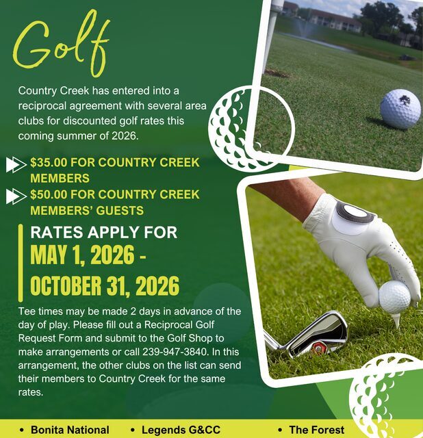 Reciprocal Golf flyer listing rates and partner courses for Country Creek members, valid May 1 to October 31, 2026