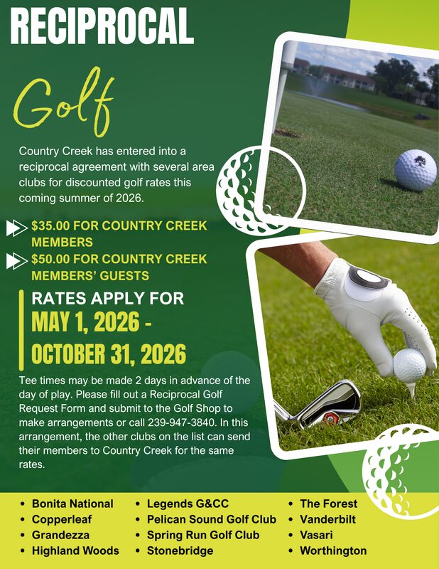 Reciprocal Golf flyer listing rates and partner courses for Country Creek members, valid May 1 to October 31, 2026