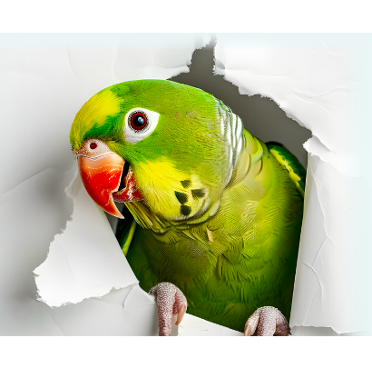 Green parrot bursting through torn paper