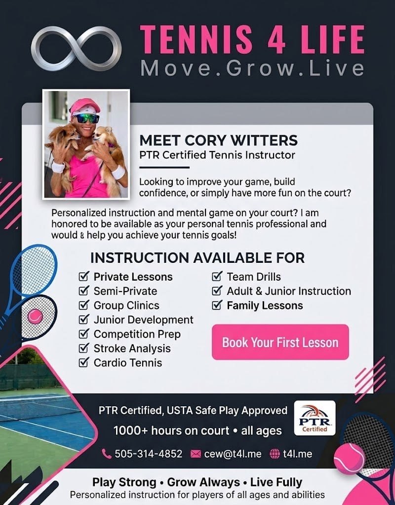 Flyer introducing Cory Witters, PTR certified tennis instructor and new VCC tennis pro