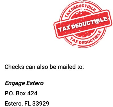Tax deductible stamp with the Engage Estero mailing address in Estero, Florida
