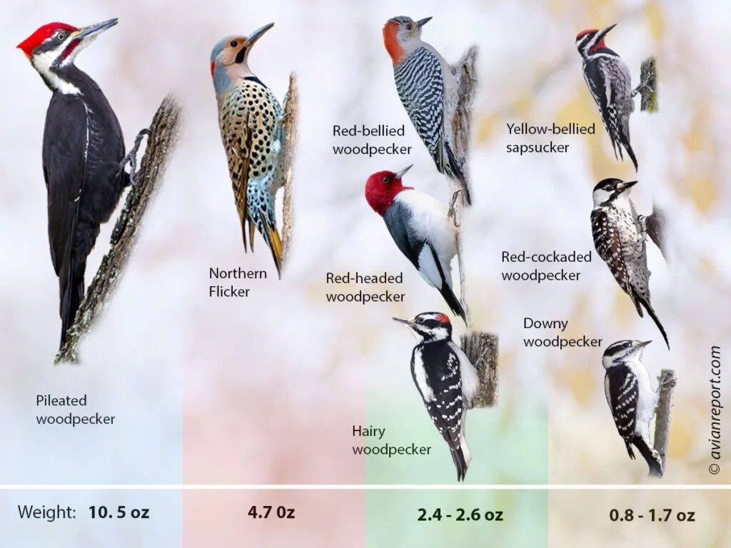 Chart of Florida woodpecker species with names and weights, from Pileated to Downy woodpecker