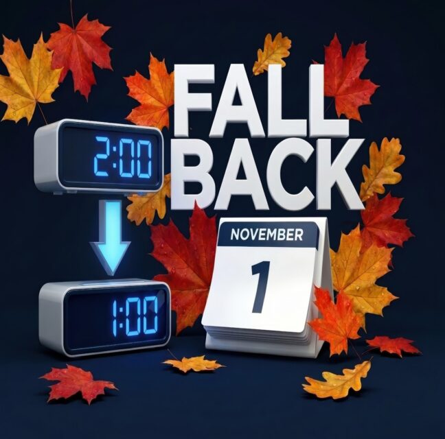 Clocks turning back from 2:00 to 1:00 beside a November 1 calendar