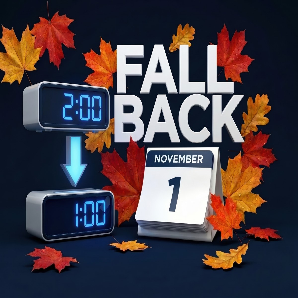 Clocks turning back from 2:00 to 1:00 beside a November 1 calendar
