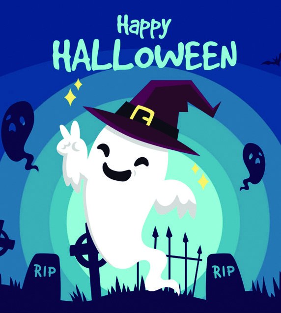 Cartoon ghost in a witch hat in a graveyard, Happy Halloween
