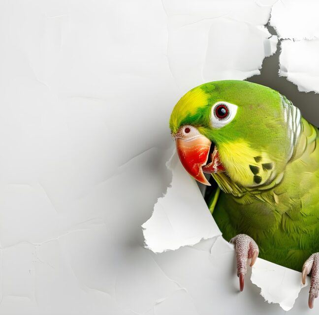 Green parrot poking its head through a torn paper wall