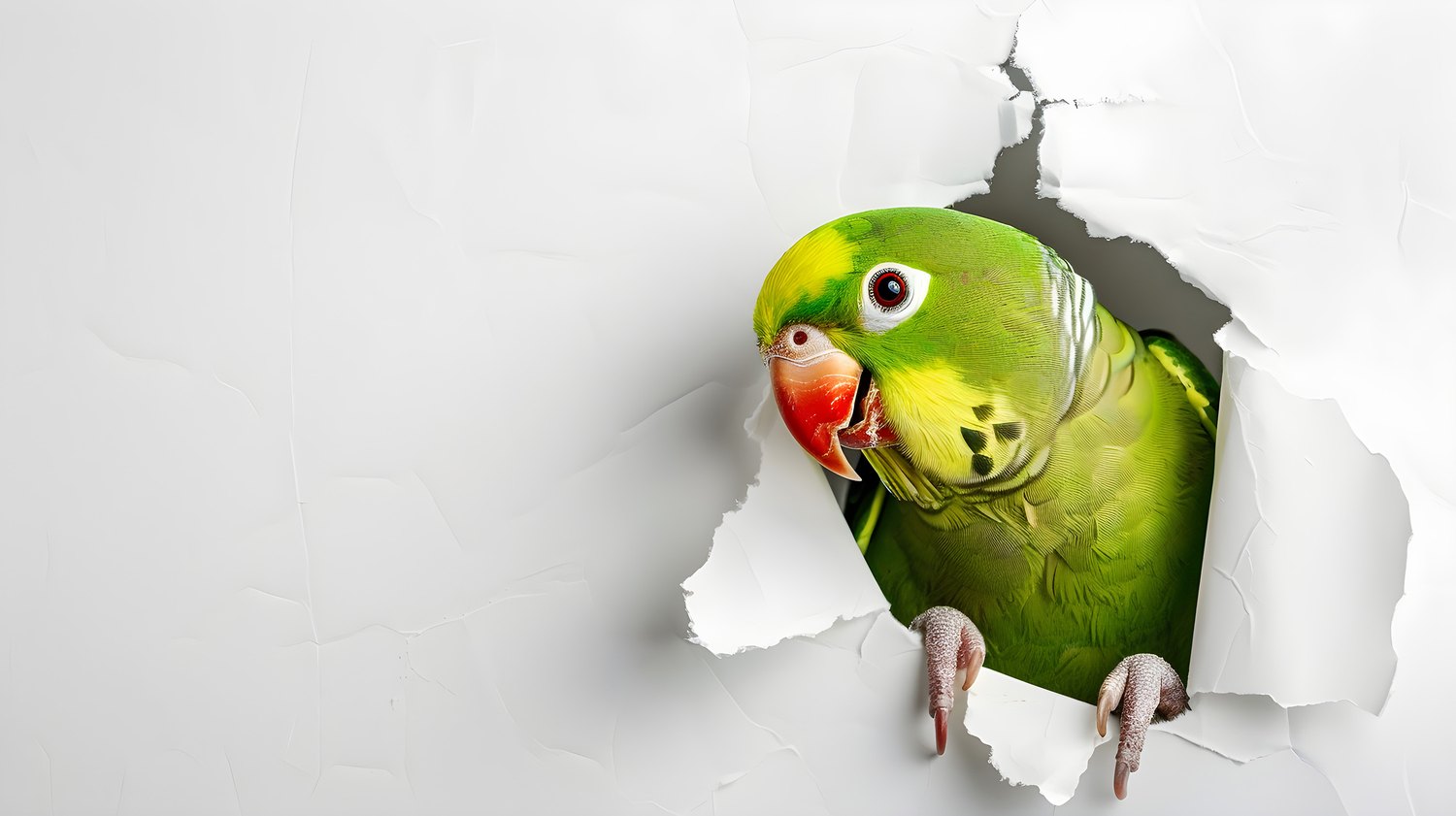 Green parrot poking its head through a torn paper wall